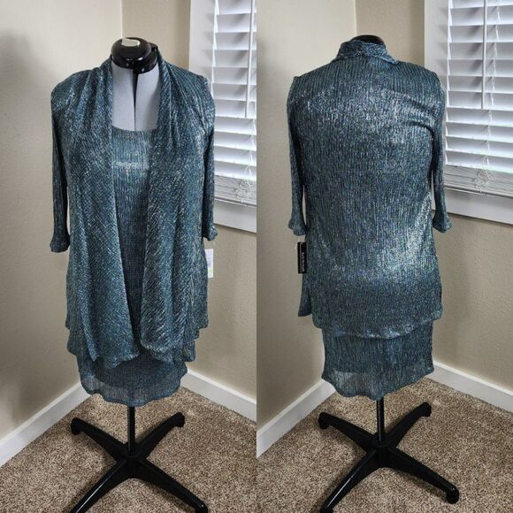 R&M Richards 2 Piece Set Jacket and Dress Metallic Blue Size 4P NWT - Picture 2 of 16